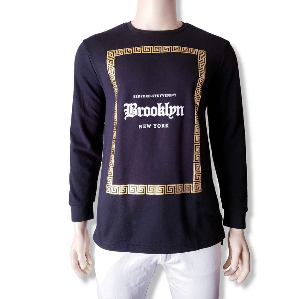 Forever 21 Men Black & Gold Monogram "Brooklyn" Print Sweatshirt